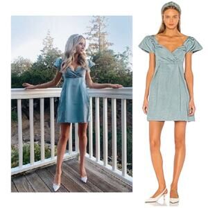 REVOLVE LPA Natasha Surplice Mini Dress in Dusty Blue Deep V-Neck Sexy Size M